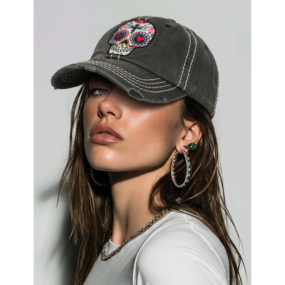 Floral Sugar Skull Distressed Patch‎ Hat Logo Golf Beach Vacation Baseball Cap